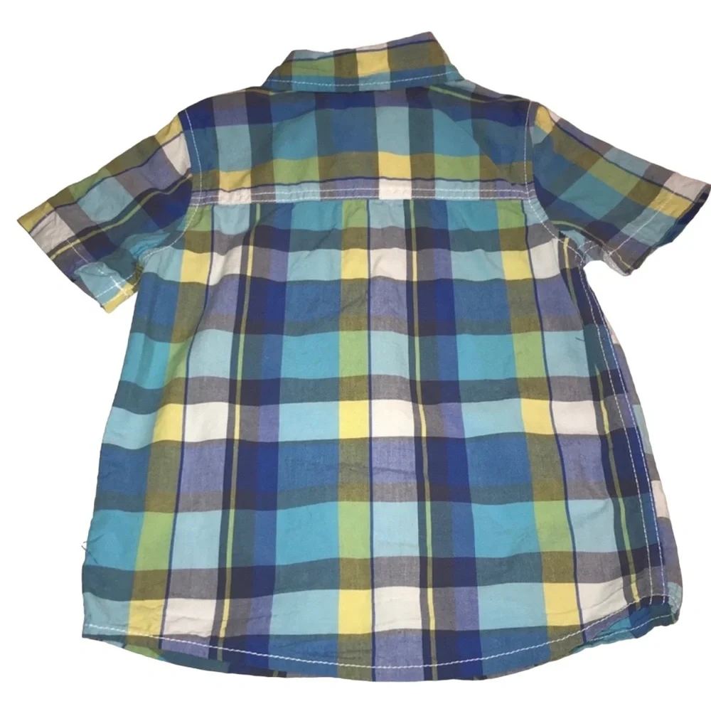 OshKosh‎ B'gosh Boys Blue Plaid Spring Short Sleeve Button-Down Shirt 4/5 EUC